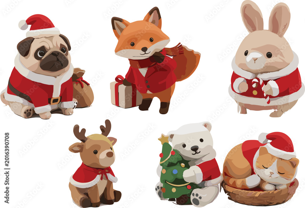 Fototapeta premium Adorable set of small animals including a pug dog and red fox wearing festive red santa suits and hats celebrating winter holidays on white background