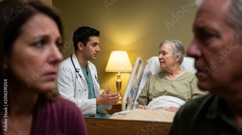 Doctor speaking with patient and family at bedside in hospital room for hospital communication brochure and family support background imagery