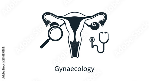 Gynaecology concept illustration with uterus symbol, magnifying glass, and stethoscope.