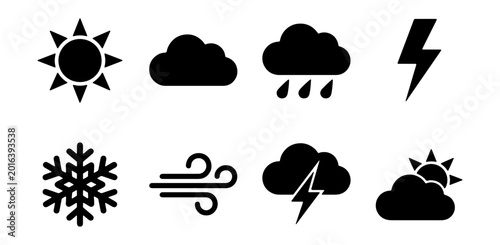 Quadro su tela Weather Icons Set: Sun, Clouds, Rain, Snow, Wind, Lightning, Stormy Forecast