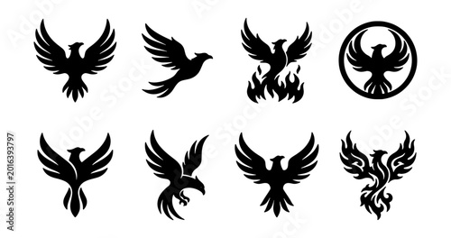 Tableau sur toile Phoenix Icons Set, Mythical Bird Vector Graphics, Fiery Symbol Collection, Black