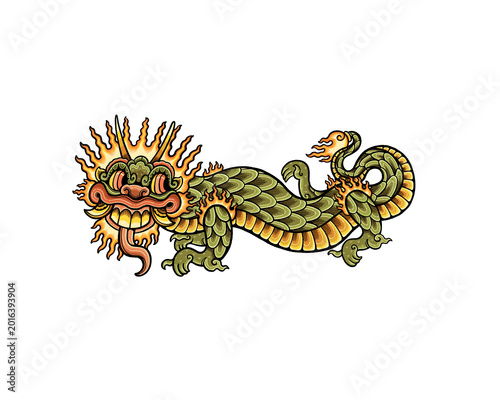 Dragon character with typical batik characteristics from Central Java and on the head, legs, tail there are elements of burning fire, has teeth like human teeth with additional fangs on the right side