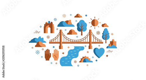Flat Illustration of a Modern Suspension Bridge with Environmental and Community Icons for Infrastructure and Connectivity Concept