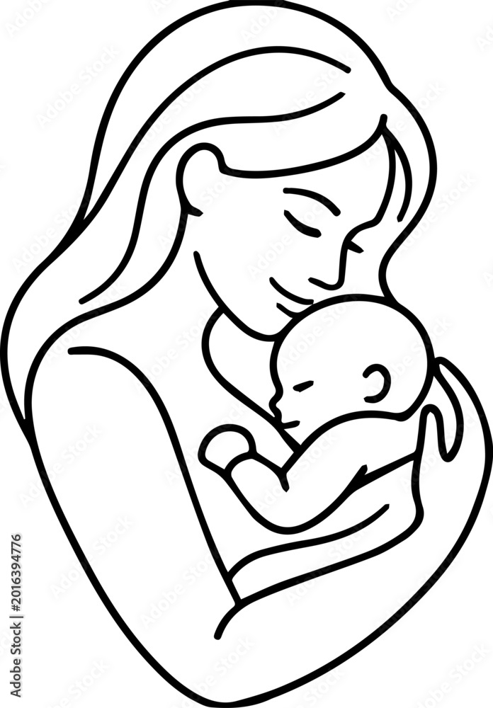 Fototapeta premium Mother Holding Baby Minimalist Line Art Illustration