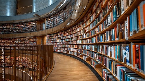 Large library with tall wooden bookshelves filled with books
