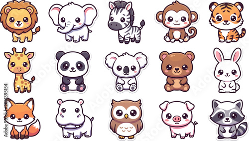 Canvas Print Collection of fifteen cute baby animal illustrations featuring a lion, elephant,