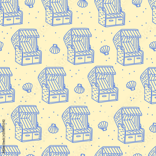 Seamless Pattern with Hand-Drawn North Sea Strandkorb Beach Chairs and Seashells
