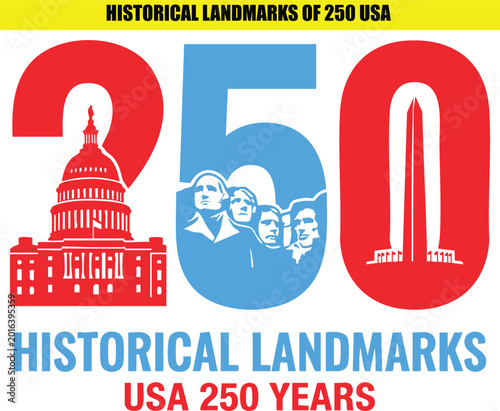 Schilderij op canvas Historical landmarks of 250 usa years celebration with silhouette of capitol building mount rushmore washington monument