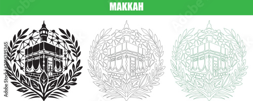 Bild auf Leinwand Makkah kaaba holy site illustration with olive branch wreath border for religious islamic pilgrimage and sacred designs