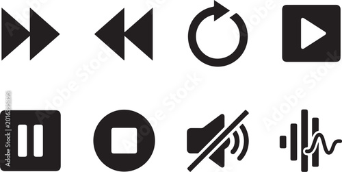Media player icons, playback controls, vector symbols, audio video buttons