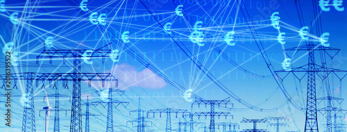 euro sign grid and binary code over industrial lanscape with high-voltage towers, power grid lines and wind turbine, blue sky background with color gradient, electricity industry concept banner
