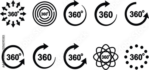 Schilderij op canvas 360 Degree Rotation Icons Collection with Circular Arrows and Panorama Symbols for Virtual Reality and Interactive Media Design