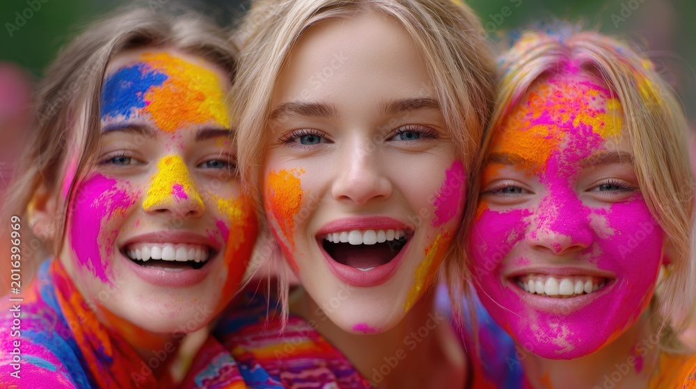 Fototapeta premium Three young women with colorful powder on their faces smile joyfully during a festival celebration, surrounded by vibrant colors and festive atmosphere in an outdoor setting