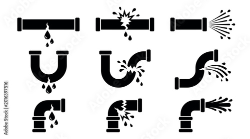 Set of black plumbing icons showing various broken leaking pipes with water drops and bursts on white background, illustrating professional repair services and representing home maintenance