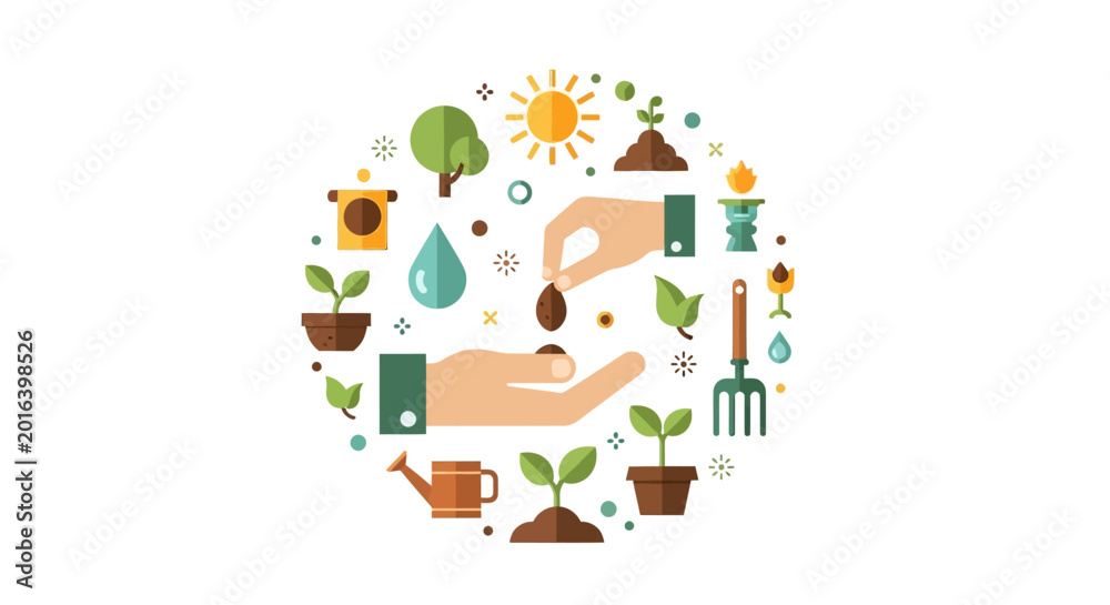Fototapeta premium Sustainable Growth and Environmental Conservation Concept: Hands Planting a Seed with Gardening and Ecology Icons in Flat Design Style
