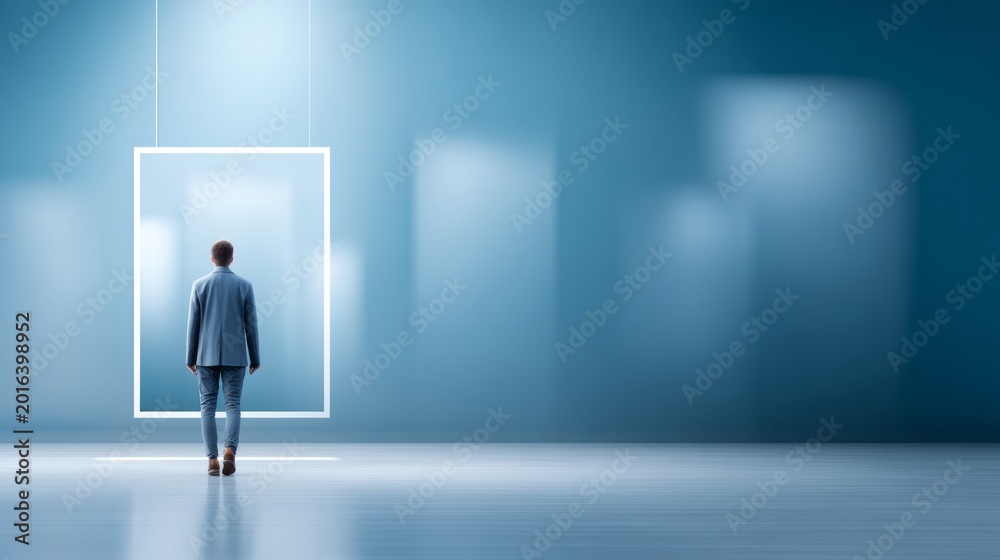 Fototapeta premium Man Standing in a Minimalist Interior with a Single Rectangular Frame