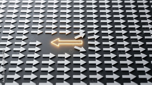 Glowing orange arrow pointing left against a crowd of white arrows pointing right on dark background