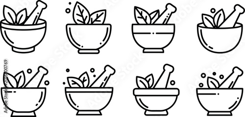 Herbal medicine doodle vector set with mortar, pestle, leaves and natural remedy line art