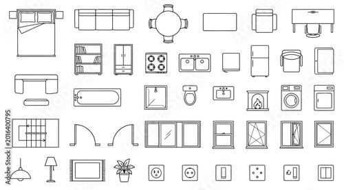 Set of household furniture and appliances icons for floor plan, top view, architectural symbols, vector illustration