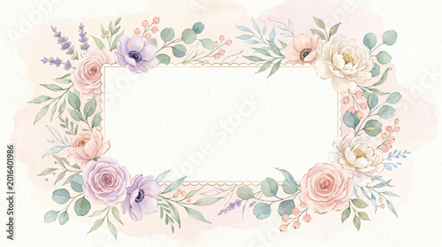 Elegant Watercolor Floral Frame with Pastel Flowers and Lush Greenery, Perfect for Invitations, Greeting Cards, and Event Designs, Offering Blank Space for Text