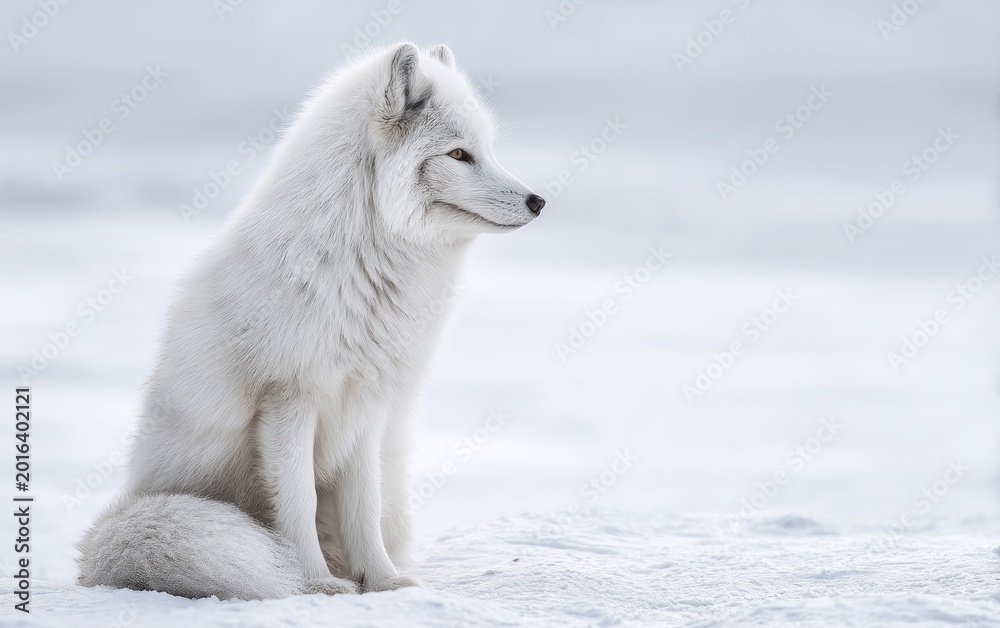 Obraz premium Arctic fox sitting quietly on snow-covered ground in winter landscape