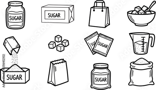 Sugar packaging doodle vector set with cubes, paper bag, sachets and jar line art