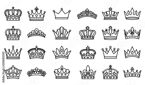 Konstfotografi Minimal Crown Icon Set in Black and White Line Art Style – Editable Royal Symbol