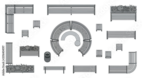 Foto Top view of contemporary outdoor park furniture collection, benches, planters, a