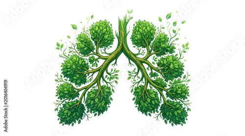 Tree with green leaves shaped like human lungs for clean air concept