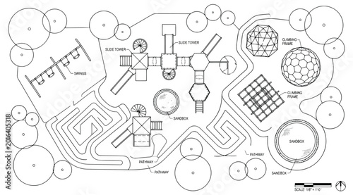 Schilderij op canvas Detailed architectural site plan of a playground featuring climbing frames, slid