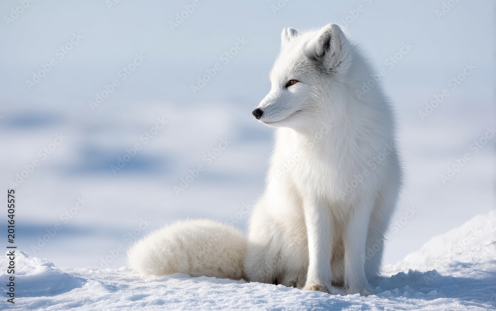 Obraz premium Majestic Fox Sitting Quietly on Snowy Ground in Winter Landscape