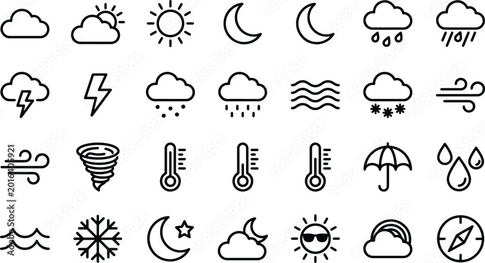 Naklejka premium Weather forecast icons set with various symbols for sun moon clouds rain snow wind temperature and more used for illustrating different meteorological conditions