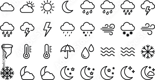 Weather forecast icons set with cloud sun moon rain snow storm wind temperature and night symbols  weather icons collection