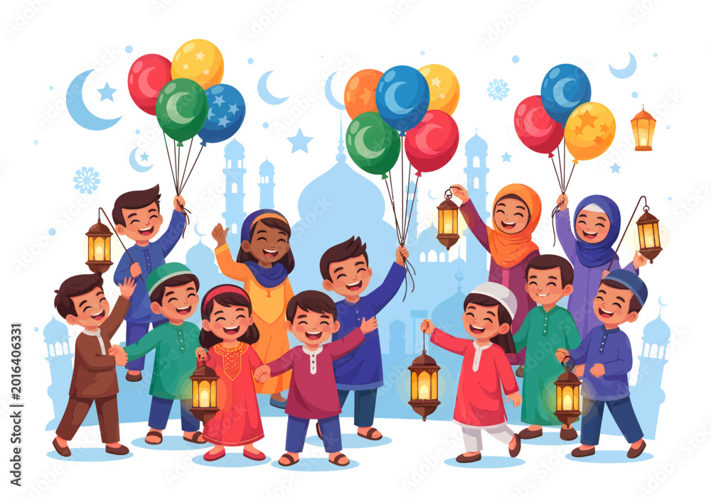 Fototapeta premium Happy muslim children celebrating with balloons and lanterns during eid festival.