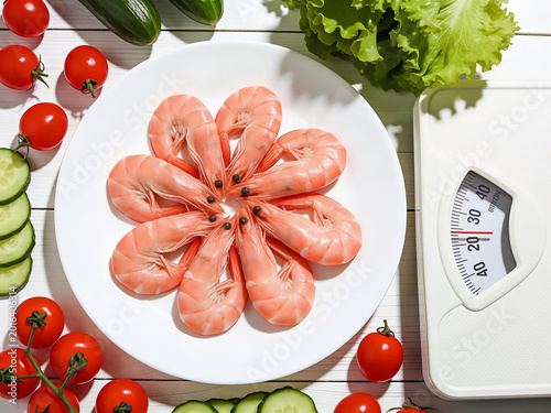 Raw shrimp arranged on plate with kitchen scale and fresh vegetables representing healthy protein diet
