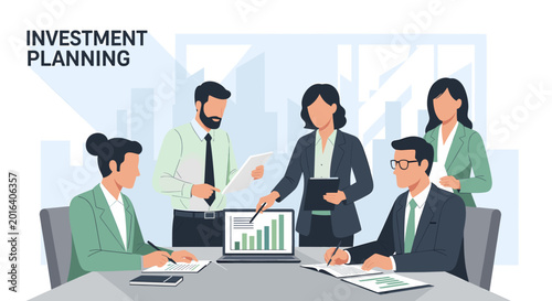 A diverse team of professionals collaborates around a table, analyzing financial growth charts on a laptop during an investment planning meeting.
