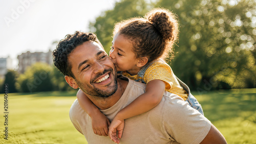 Happy father and little daughter sharing a tender moment together in a sunny park with the girl giving her dad a piggyback ride and a sweet kiss on the cheek
