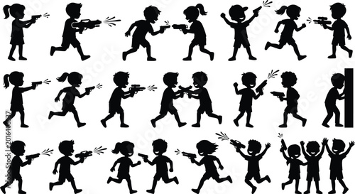 Konstfotografi Children playing with toy guns in a row isolated on white background, Vector