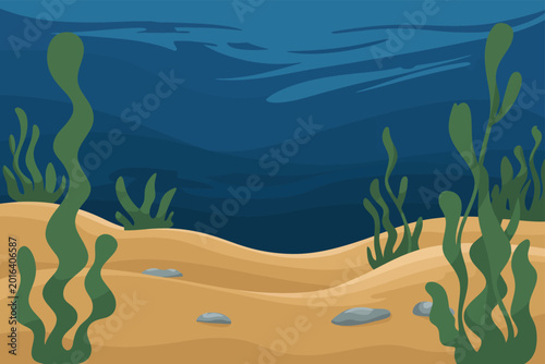 Foto Underwater landscape with sandy bottom and seaweed vector illustration, ocean ve