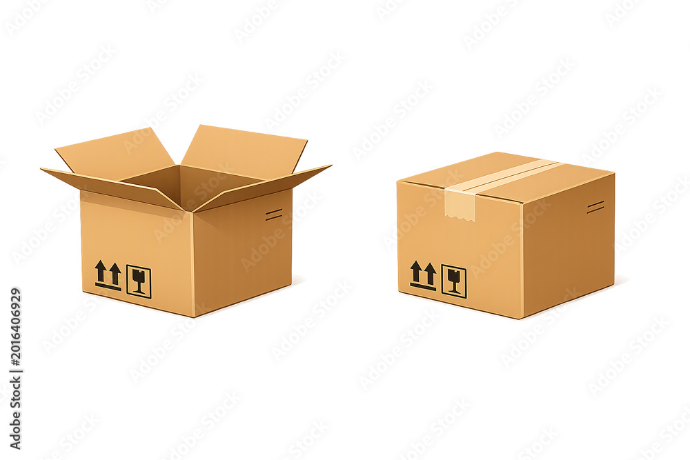 Fototapeta premium Two open cardboard boxes with a white background, ideal for shipping or moving purposes.