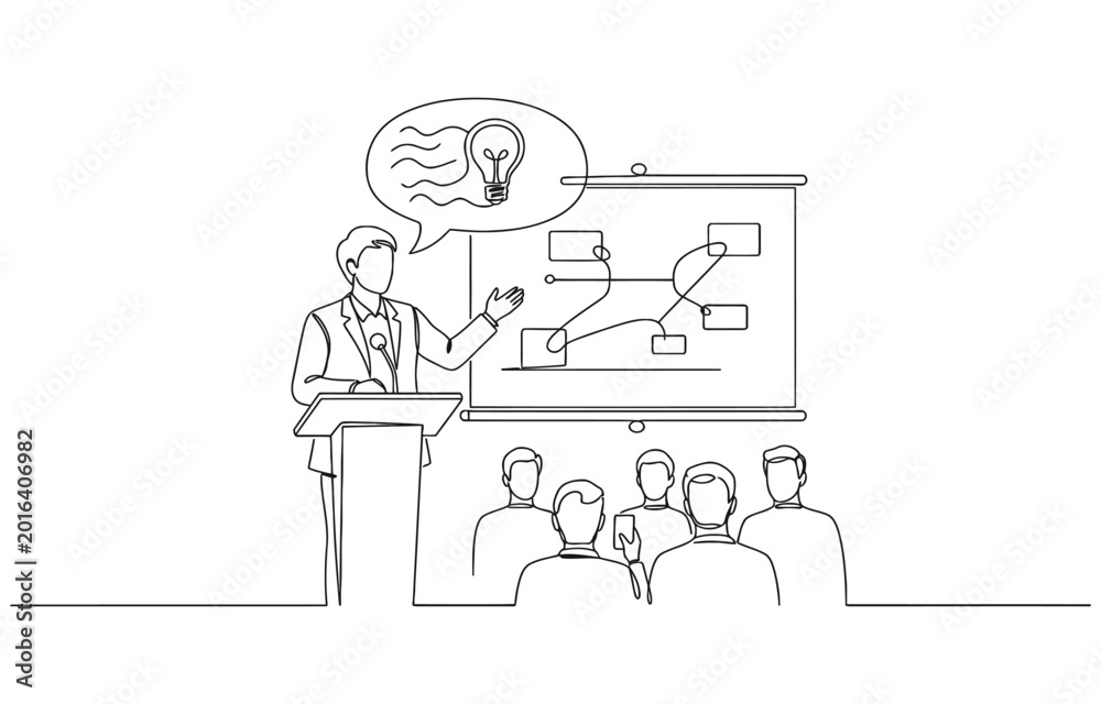 Fototapeta premium One continuous line drawing of a man is giving a speech in front of an audience vector illustration.