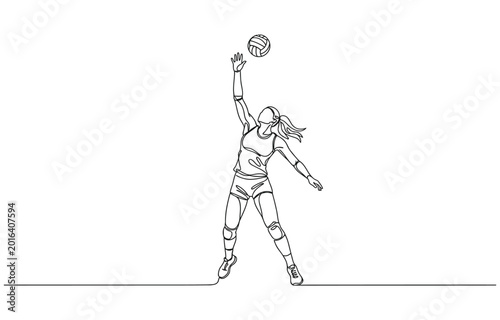 Photos One continuous line drawing of young female professional volleyball player in action on court