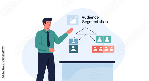 Business Man Presents Audience Segmentation Chart with Icons