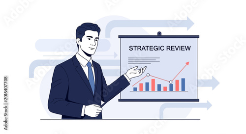 Business man presenting strategic review with growth chart and arrows