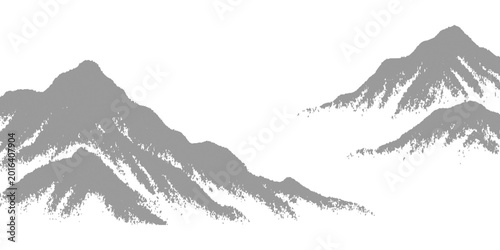 Foto Traditional oriental ink wash painting of misty mountain peaks and landscape vector illustration