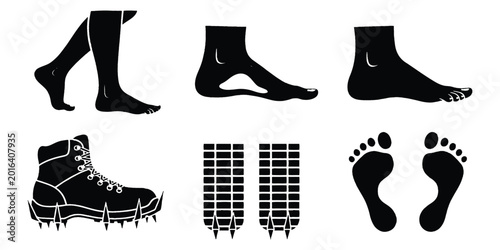 Foto Collection of walking bare feet footprints and hiking boots with crampons silhouettes vector illustration