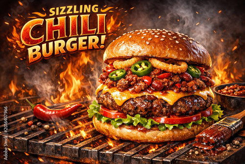 Mouthwatering chili burger on grill with flames in background.