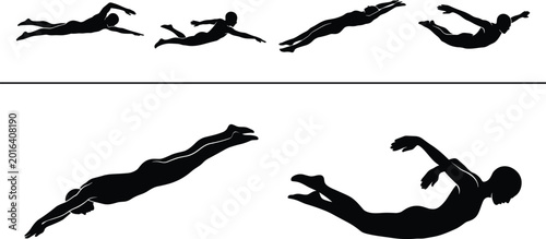 Billede på lærred Swimming athlete silhouettes set with freestyle diving and floating poses vector