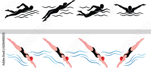 Fotografi Swimming styles illustration set with freestyle strokes top view swimmer poses a