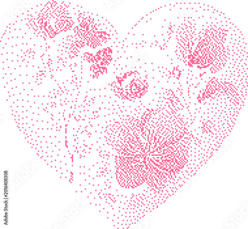 Tableau sur toile Pink heart shape with floral pattern in soft pointillist style for romance and l